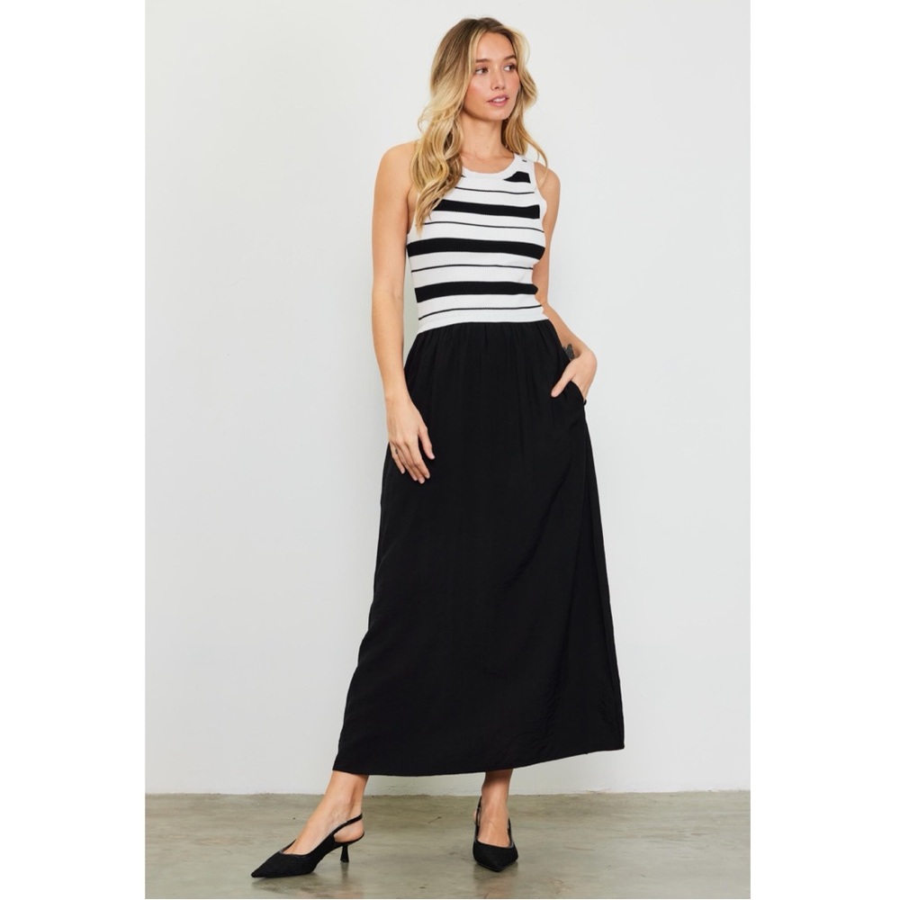 236 • Viscose Rayon Blend Black & White Stripe Knit Bodice Midi Dress